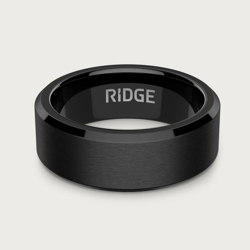 8mm beveled ring in black, brushed finish, front view with polished interior engraved "RIDGE.