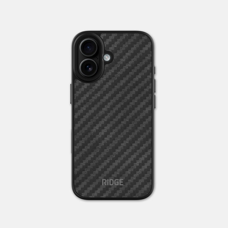Ridge Phone Case in carbon fiber weave, back view showing dual camera cutouts and Ridge logo.