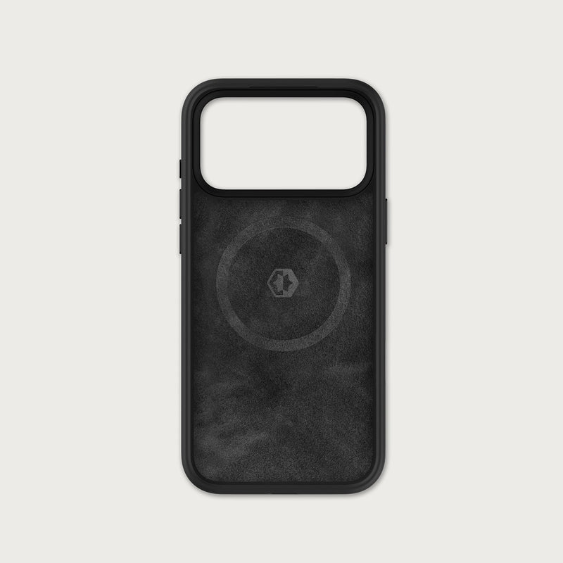 Phone case back view, black textured finish with circular magnetic ring and logo, large camera cutout.