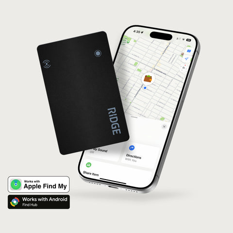 Ridge Tracker Card in black leaning on a smartphone showing a map location and sharing screen.