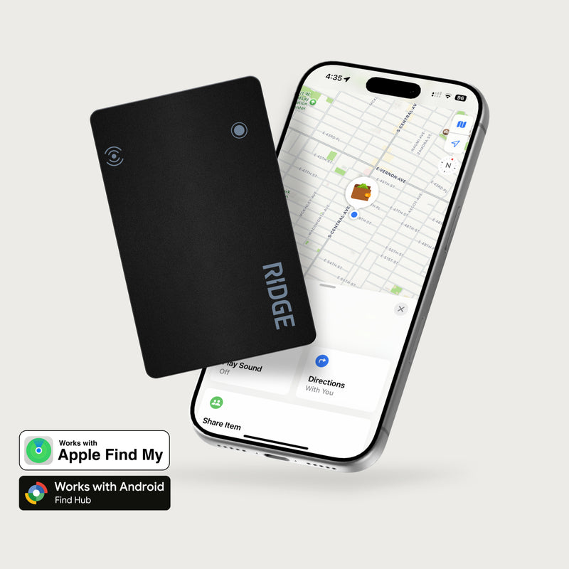 Ridge Tracker Card in black leaning on a smartphone showing a map location and sharing screen.